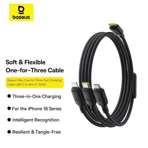 USB Cable Baseus Silky, (micro USB type-B, Lightning, 2xUSB type-C, 150 cm, 100 W, black, 3 in 1) #P10377706123-00 Preview 1