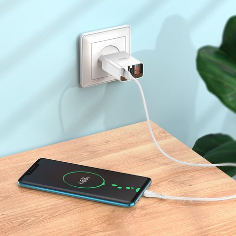 Мережевий зарядний пристрій Hoco C100A, 20 Вт, Power Delivery (PD), білий, з кабелем USB тип-C до USB тип-C, з дисплеєм, 2 порта, #6931474769824 Прев'ю 6